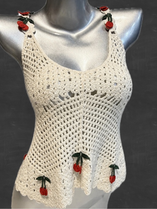 Rebellion Tops - Crochet cherry tank top 100% cotton open weave sweater ruffle babydoll fruit red